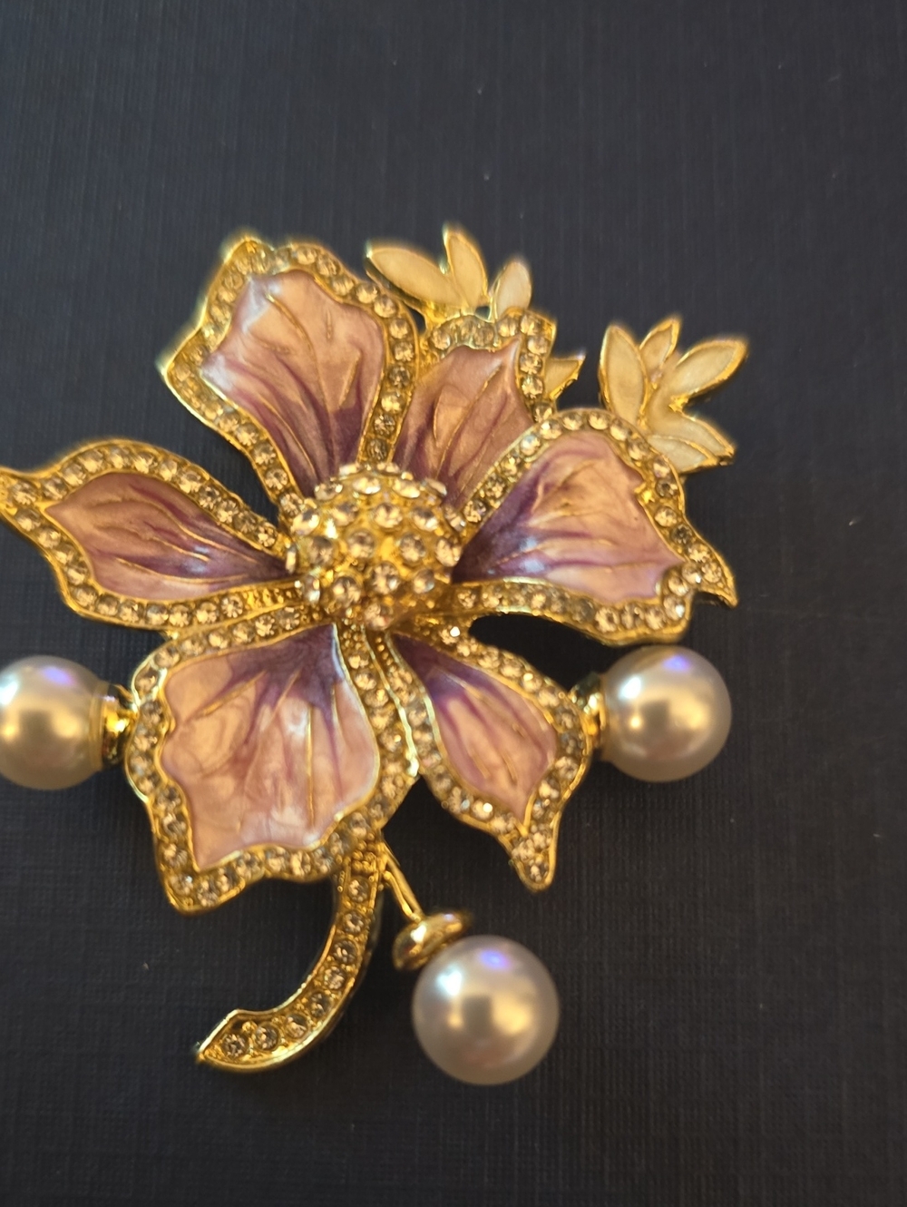 Gold-Tone Pink Floral Brooch with Pearls